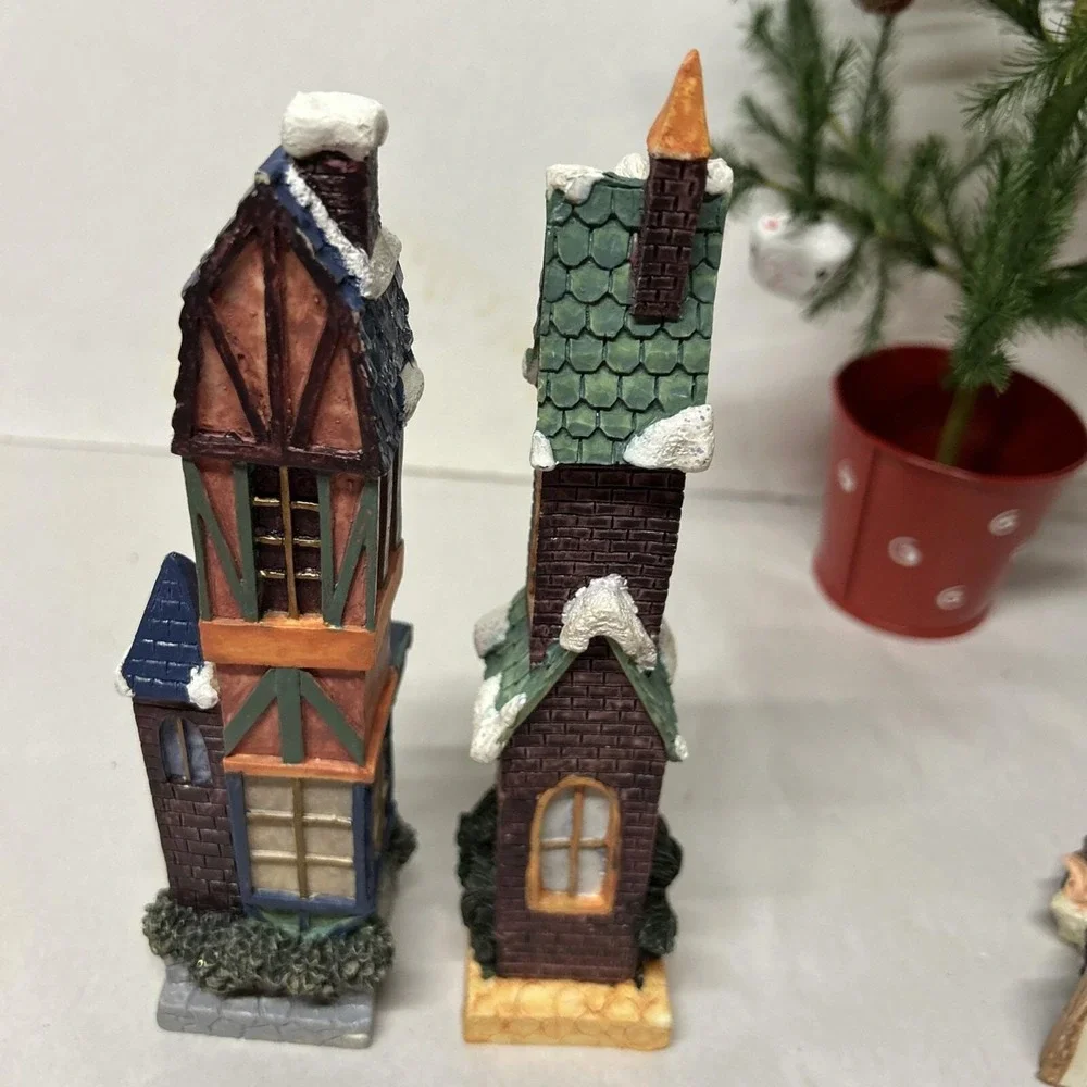 Christmas Village 4 Pieces, Two Pencil Houses, Two Elves, Resin,‎  Display